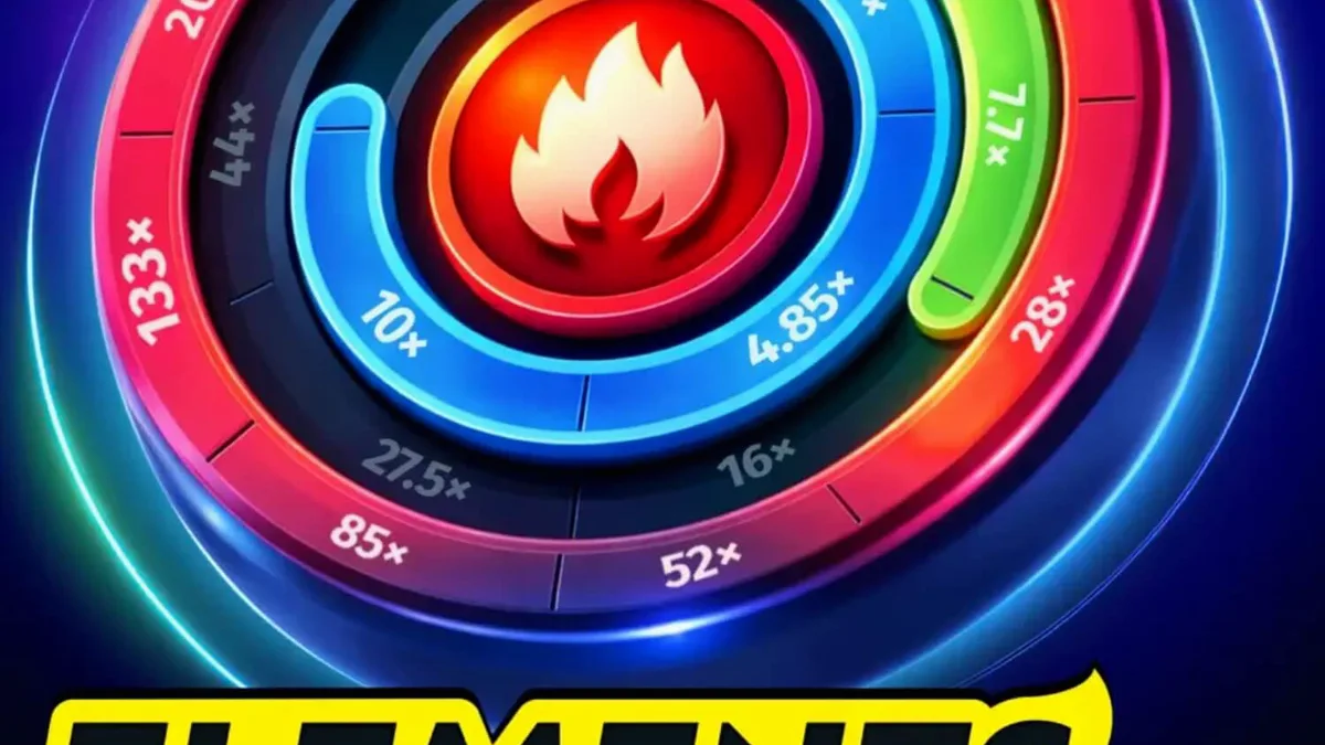 Tampilan visual slot Elements of Power dengan elemen api, tanah, dan air yang bersinar