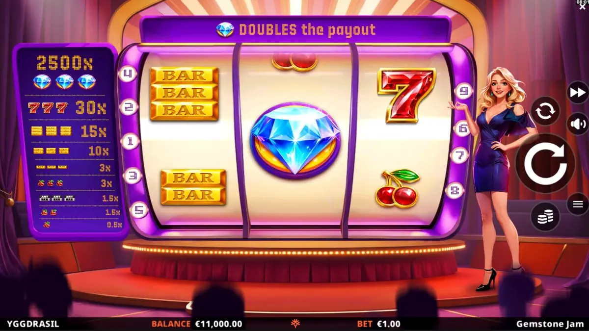 Tampilan visual slot Gemstone Jam dengan simbol permata dan latar panggung TV yang mewah.